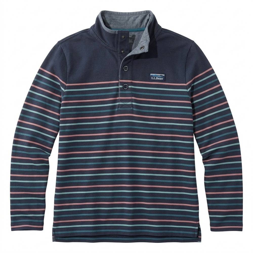 LL Bean Mens Small Striped Quarter Button Pullover Mock Neck Navy Blue Teal Pink